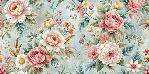 Floral tapestry with stylized abstract blooms in soothing pastel hues on a seamless background, elegant designs, flower motifs