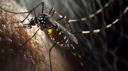Fototapeta premium Close-Up View of Aedes Aegypti Mosquito Perched on Skin, Highlighting Intricate Details of Its Anatomy and Environment in Stunning Clarity
