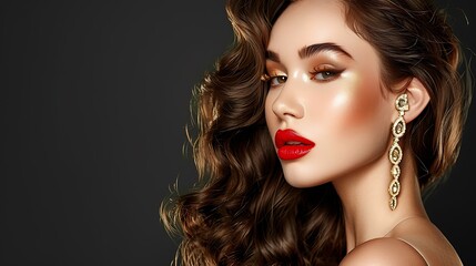 Fototapeta premium Glamorous Woman with Red Lips and Long Brown Hair