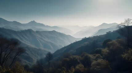 Fototapeta premium a view of a mountain range with trees and mountains