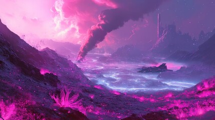 Naklejka premium Ethereal Pink Alien Landscape: A spaceship rests near a glowing river in a vibrant pink alien world, mountains and a mysterious tower rise in the distance under a dramatic pink sky.