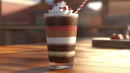 Layered Chocolate Dessert with Whipped Cream and Strawberries on a Sunny Patio