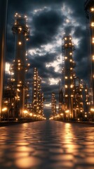 Futuristic oil refinery automation industrial landscape night view advanced technology urban environment