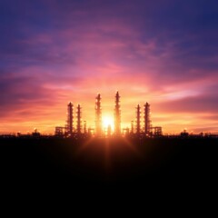 Sunset over a vast refinery industrial landscape fuel processing technology urban environment panoramic view energy concept