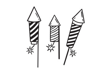 fireworks rocket doodle hand drawn icon set. Outline drawing fireworks rocket line clipart symbol collection