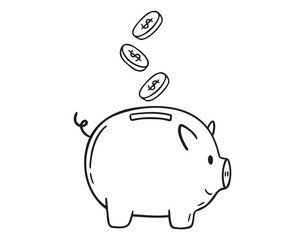 Bank piggy with coins doodle hand drawn icon. Outline drawing coin piggy bank line clipart symbol