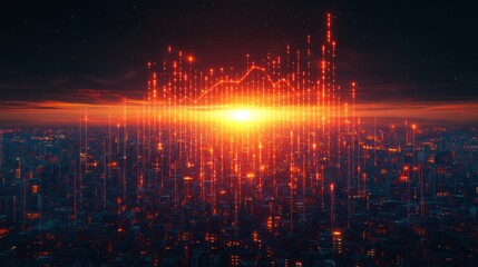 Glowing graph over city skyline at sunset.