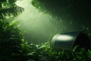 Innovative portable biofuel reactor in lush rainforest ecotech setting nature green energy sustainable development concept