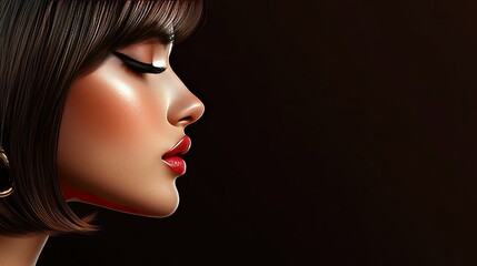 Fototapeta premium Side view of a stunning woman with bob cut, golden earring, and perfect makeup, her nose and lips highlighted elegantly against a dark brown background