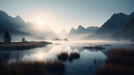 Fototapeta premium a misty sunrise over a lake in the mountains
