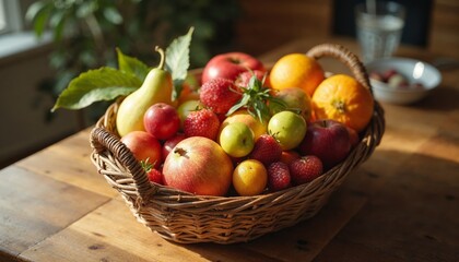 Fresh fruit basket on a wooden table. Concept of healthy eating, diet, and nutrition.