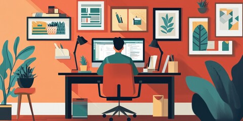 Cozy Home Office with Stylish Decor and Plants, Featuring a Focused Person Working on a Computer