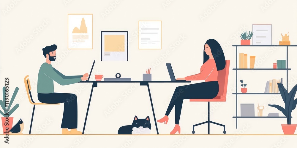 Aufkleber cozy workspace with two individuals working on laptops and a cat in a modern office environment