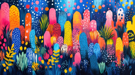 Naklejka premium A playful pattern of irregular dots, squiggles, and shapes in a palette of bright, cheerful colors