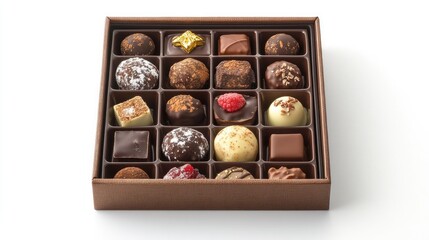 Sophisticated gift box packed with assorted chocolates and small pastries, emphasizing detail and luxury, against a white background.