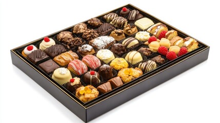 Sophisticated gift box packed with assorted chocolates and small pastries, emphasizing detail and luxury, against a white background.