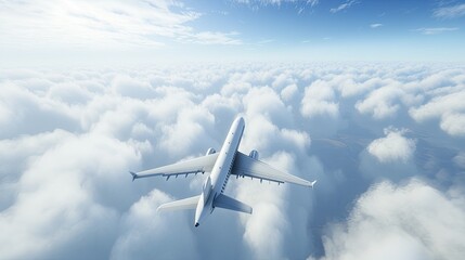 Obraz premium Stunning view of a passenger airplane ascending through layers of clouds, with soft white clouds and a deep blue sky surrounding it