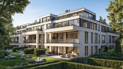 Fototapeta premium Stylish, new Scandinavian residential building with sleek lines and large glass windows, under a sunny sky, blending modern design with nature