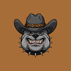 A fierce bulldog wearing a cowboy hat and spiked collar is depicted in this illustration.