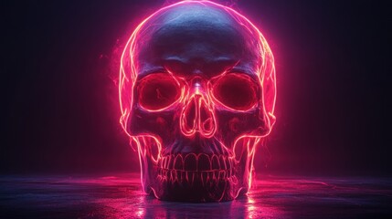 Glowing neon skull with pink and blue light.