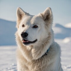Obraz premium A smiling Arctic dog peeking from the side, white background.