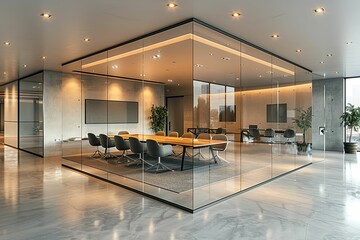 Contemporary Office Meeting Room Featuring Glass Walls and Modern Design Elements for Collaborative Sessions