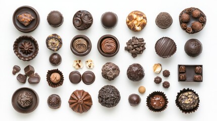 Top-down view of an open chocolate box featuring a variety of chocolates and pastries with intricate patterns, on white.