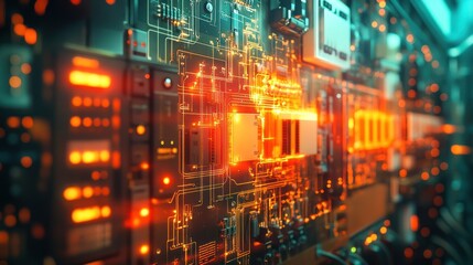 Obraz premium Close-up of illuminated circuit board with glowing components.