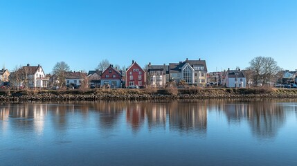 Fototapeta premium Traditional colorful houses in Trondheim, Norway, along the waterfront, with reflections in the water on a clear day, highlighting Scandinavian charm