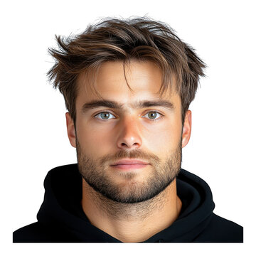 [young man personal branding profile pictures] Young man with short hair and beard in black hoodie studio portrait