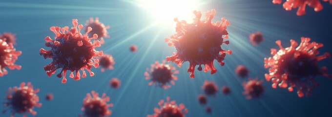 Microscopic view of virus particles floating in the air, illuminated by sunlight.