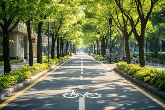  bike lane is painted on the road next to a tree lined street. The road is empty and the trees are in full bloom