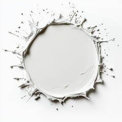 A detailed close-up of a white circular object featuring vibrant paint splatters in various colors, showcasing artistic expression and creativity.