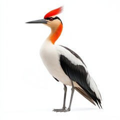 Fototapeta premium A striking bird with a vibrant red head, sleek black legs, and an elongated beak, showcasing its unique features in a natural setting.