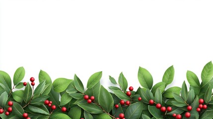 Obraz premium Festive Green Greenery with Red Berries Border