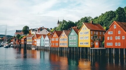 Fototapeta premium Vibrant row of colorful wooden houses on stilts along the water in Trondheim, Norway, reflecting traditional Scandinavian architecture