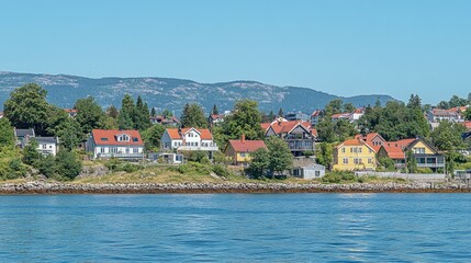 Obraz premium Vibrant Scandinavian houses along Trondheim's waterfront, with colors mirrored in the sea, embodying the spirit of Norway's coastal architecture