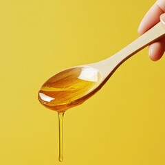 Golden honey dripping from a wooden spoon against a yellow background. (1)