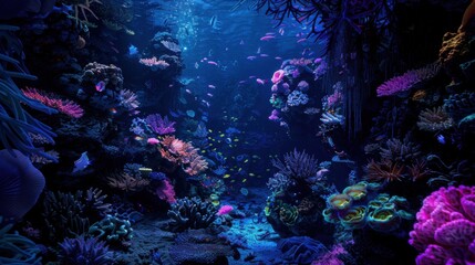 Fototapeta premium a underwater wonderland where bioluminescent creatures illuminate the depths, white space in the center of the page for text, bold and dynamic hues against a dark background