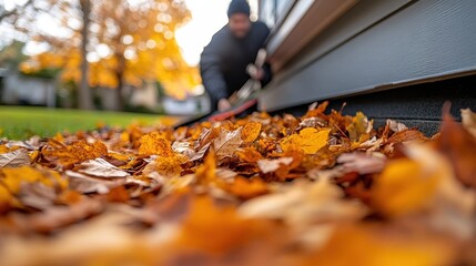 Close-up of a man raking a pile of autumn leaves in the garden