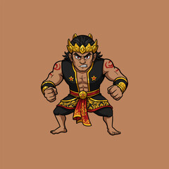 A cartoon illustration depicts a strong Indonesian warrior king in a fierce pose, wearing traditional attire and a golden crown.