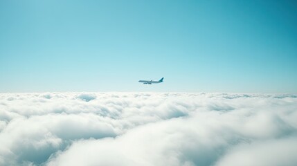 White airplane climbing above the clouds, blue sky in the background, representing the thrill and beauty of traveling by air transport