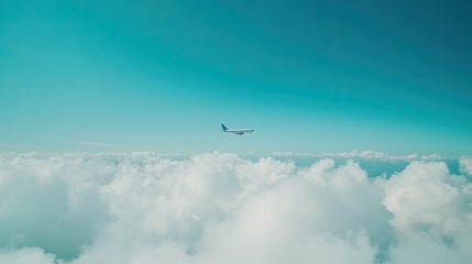 White airplane climbing above the clouds, blue sky in the background, representing the thrill and beauty of traveling by air transport