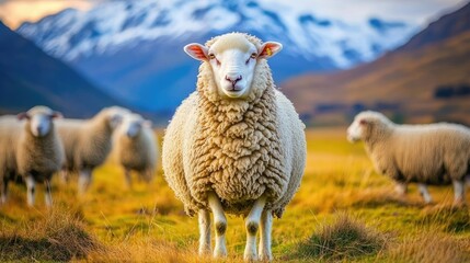 Fototapeta premium White sheep on highland field, mountain peaks under sunset glow, serene England view, stunning UK scene.