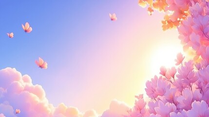 Fototapeta premium Serene Sunset with Pink Blossoms and Butterflies