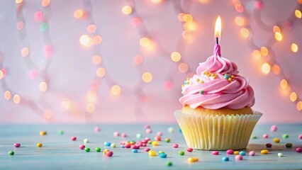 Delicate pastel pink cupcake with a single candle on top, surrounded by scattered sprinkles and colorful frosting