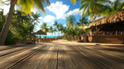 Fototapeta premium Wood table surface with blurred palm trees and beach bar in the background, ideal for displaying products with a tropical summer theme