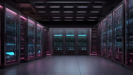 Generative AI image of dark, large, networked servers room with neon data and information display connected to cloud computing for virtualization technique.