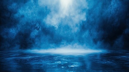 Abstract blue wall background with a reflective table and blurry light, styled for winter product presentations or branding campaigns.