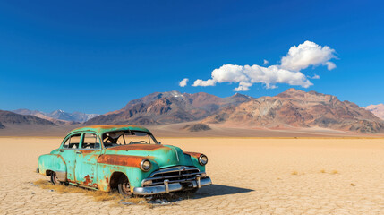 Abandoned Vintage Car Amidst Mountains and Desert Landscape in Daylight